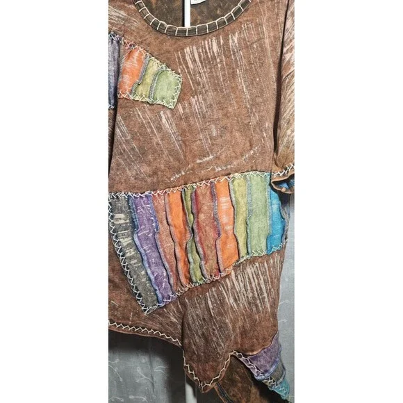 Boho Hippie TShirt Womens M/L Patchwork Short Sleeve Asymmetrical Lagenlook 90s - Picture 3 of 9